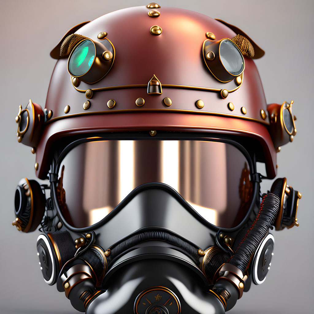 Detailed 3D Rendering of Stylized Steampunk Helmet with Brass Accents