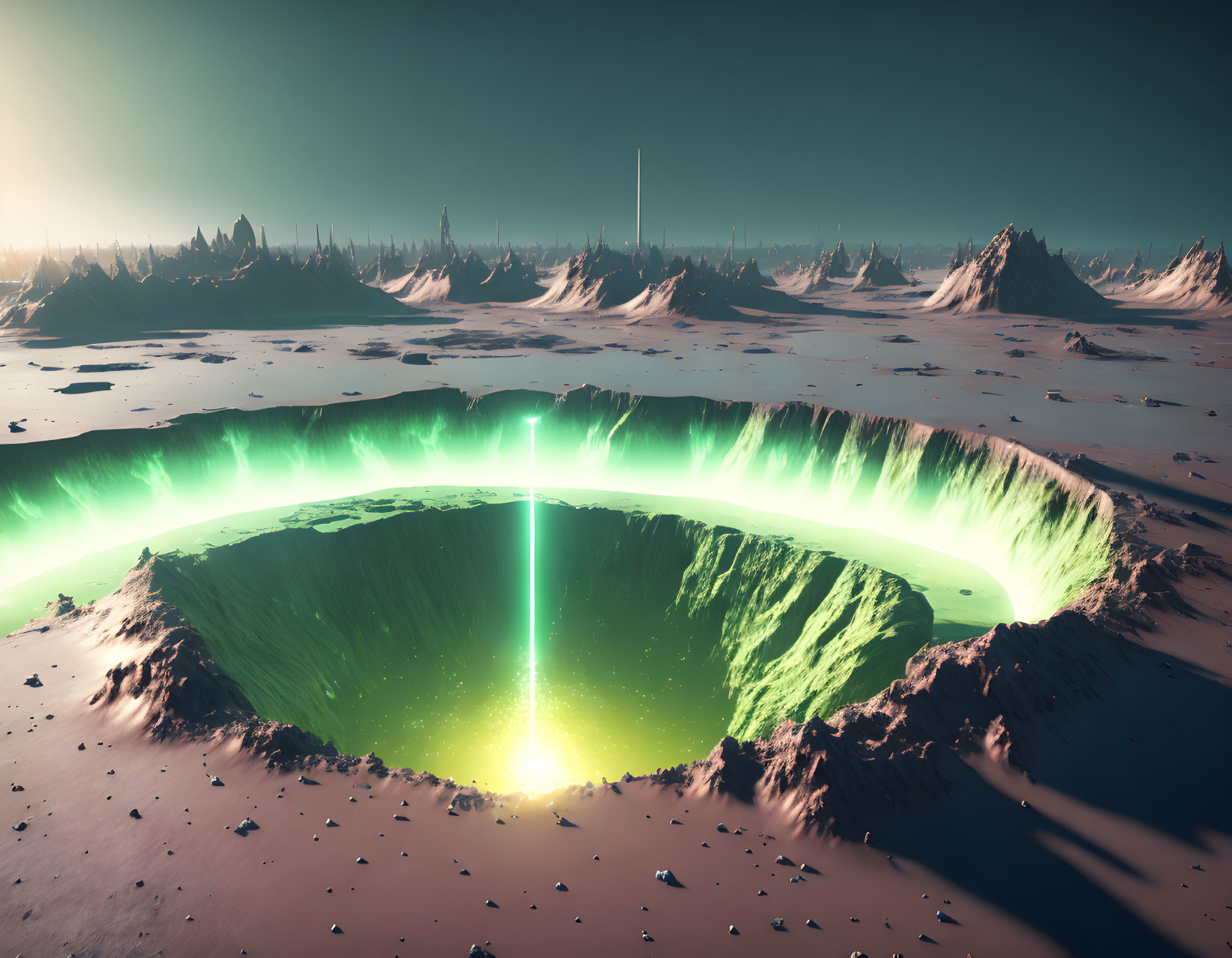 Alien landscape with glowing green crater and rugged mountains