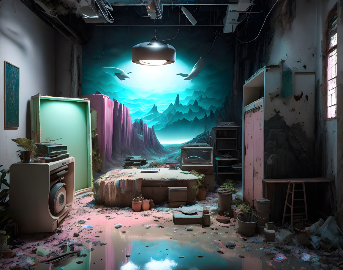 Surreal room merging with majestic landscape, featuring mountains, waterfall, and floating fish.