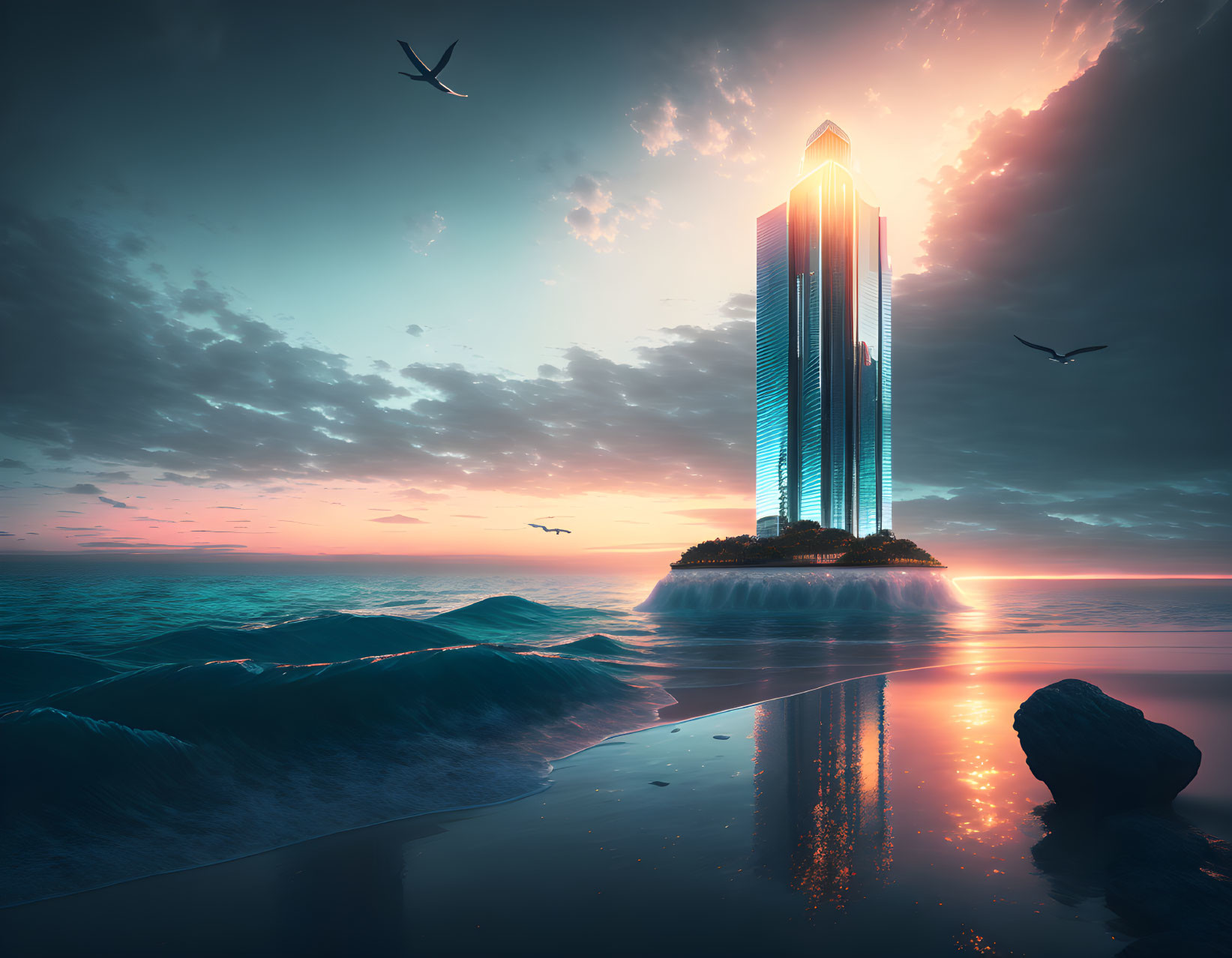 Tall skyscraper on island at sunset with reflective surface, waves, birds in pink and blue sky