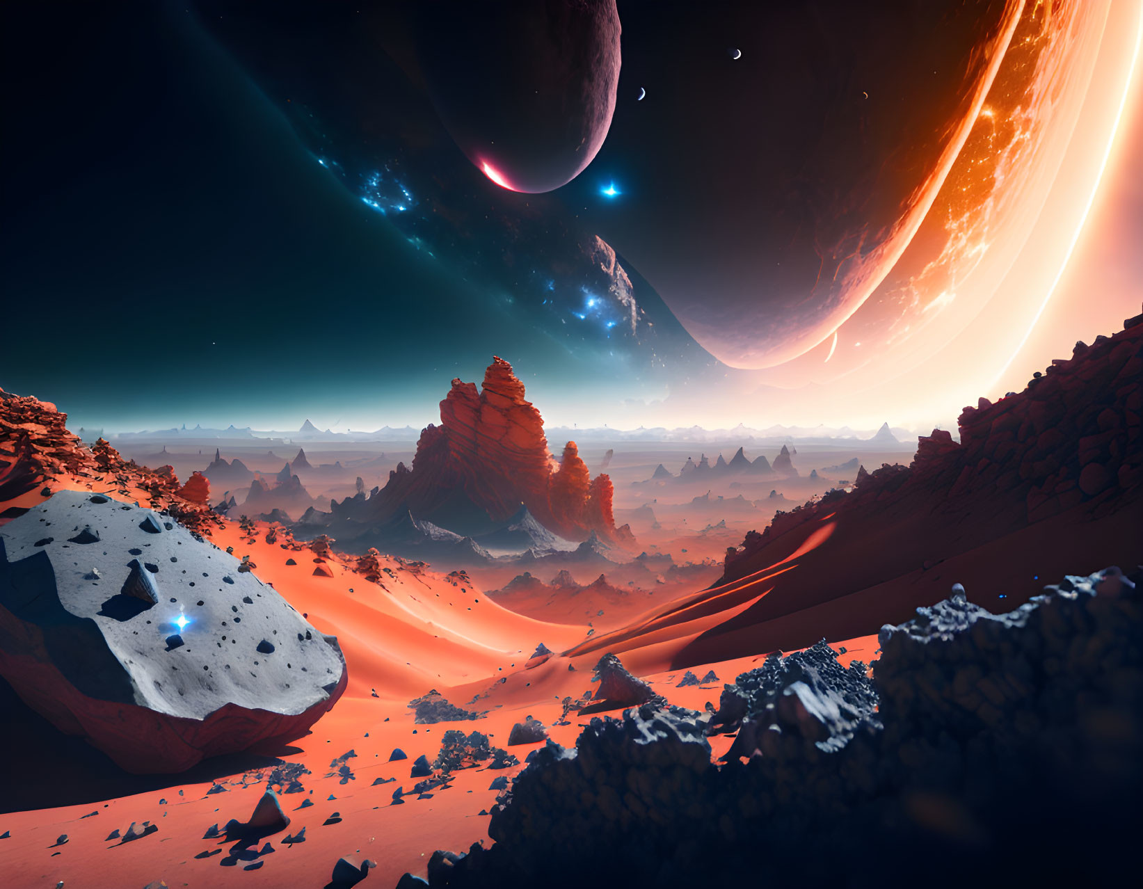 Surreal sci-fi landscape with desert, floating rocks, and massive planets