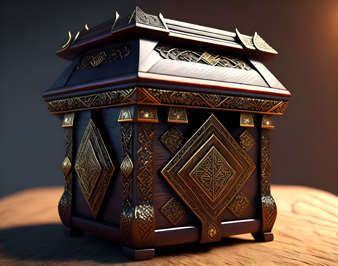 Ornate wooden box with intricate carvings and metal accents on warm backlit surface