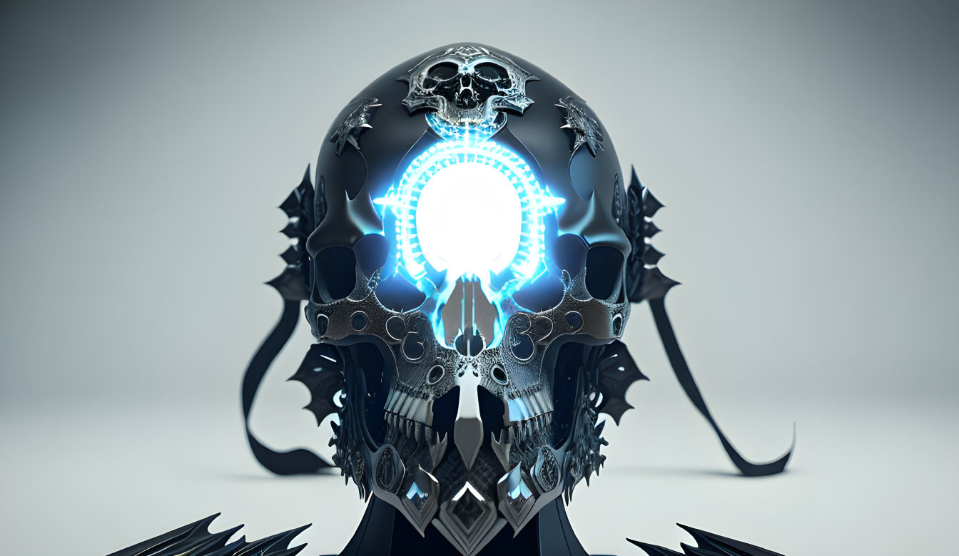 Futuristic skull helmet with blue glowing elements and metallic gears on grey background