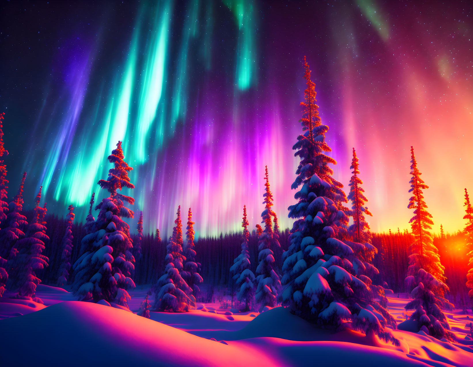 Vibrant purple and green aurora borealis over snowy forest at twilight