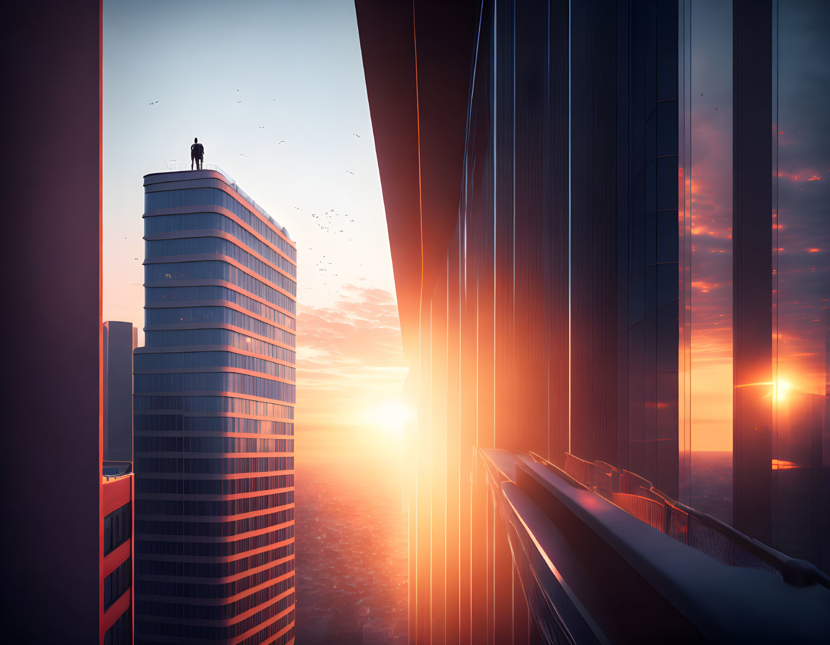 Person on skyscraper at sunrise with birds flying over cityscape