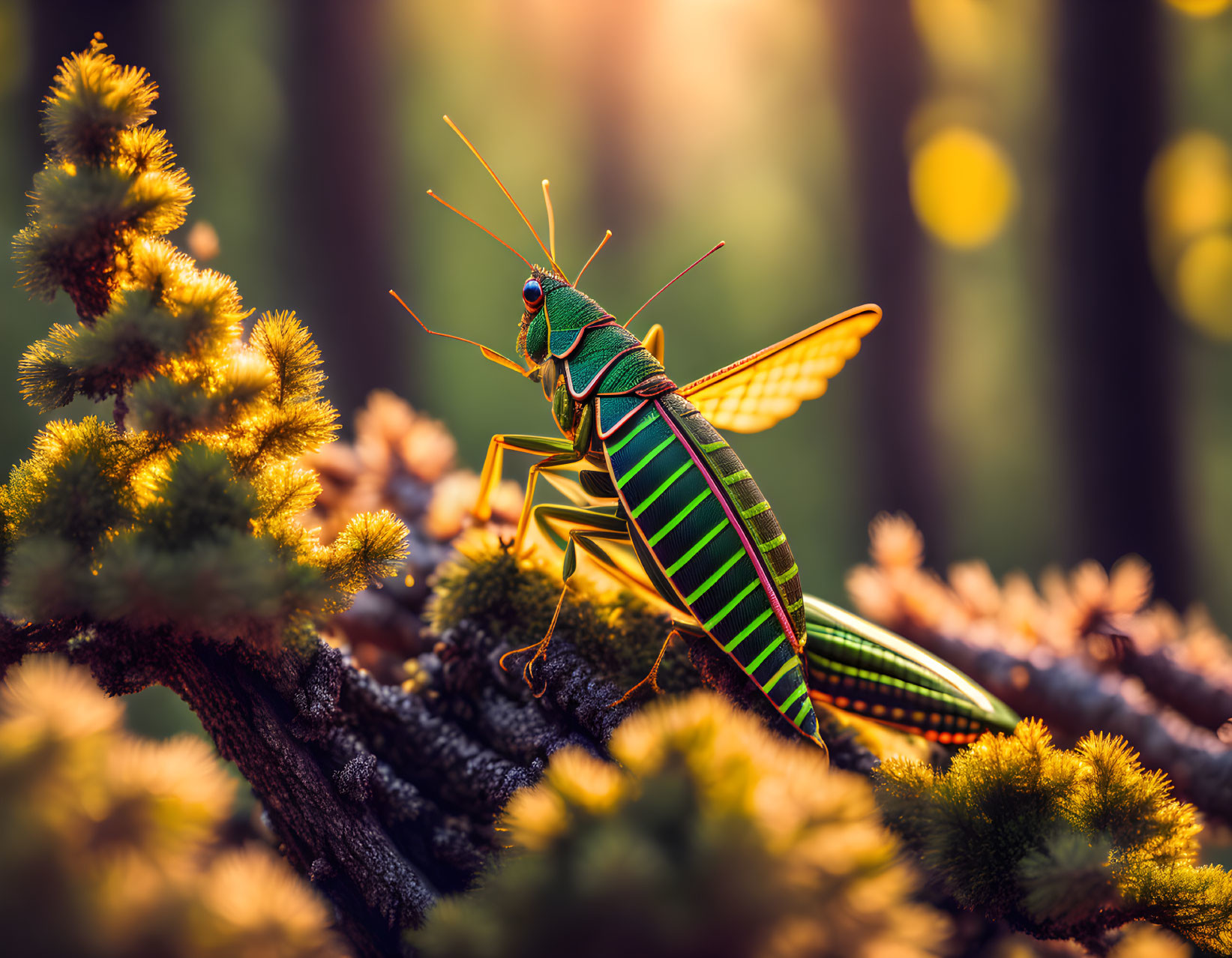 Detailed Striped Grasshopper on Plant in Golden Sunlight