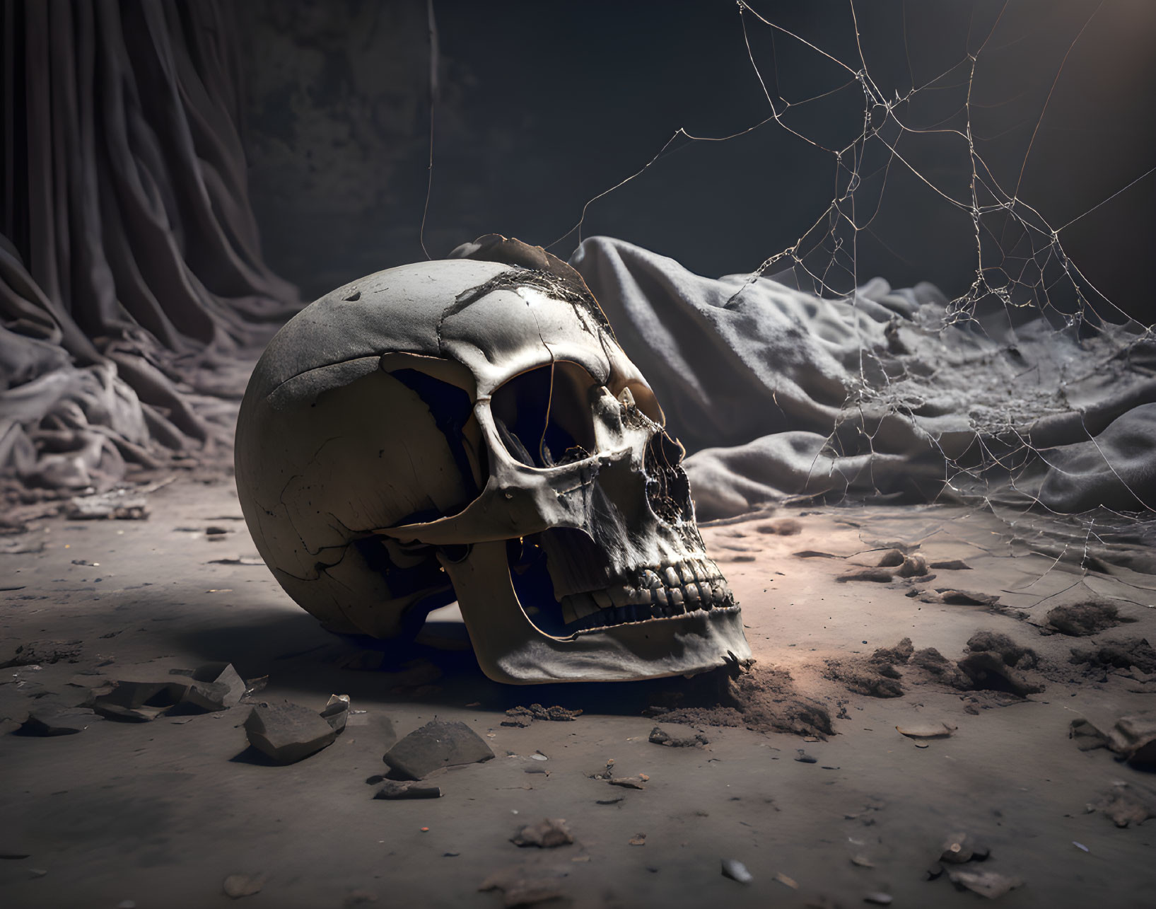 Human Skull on Dusty Surface with Cobwebs and Debris in Abandoned Setting