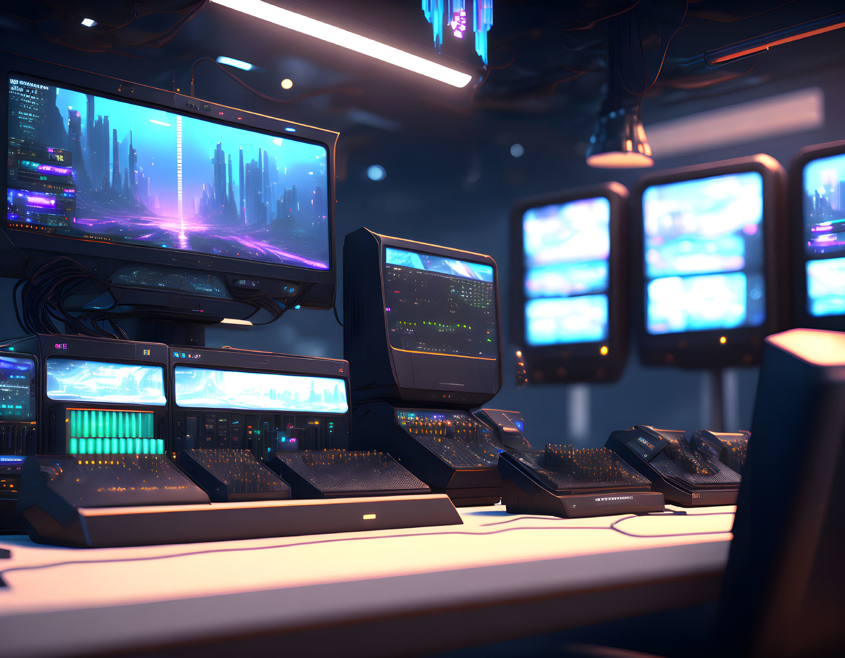 Futuristic control room with advanced monitors and neon interfaces.