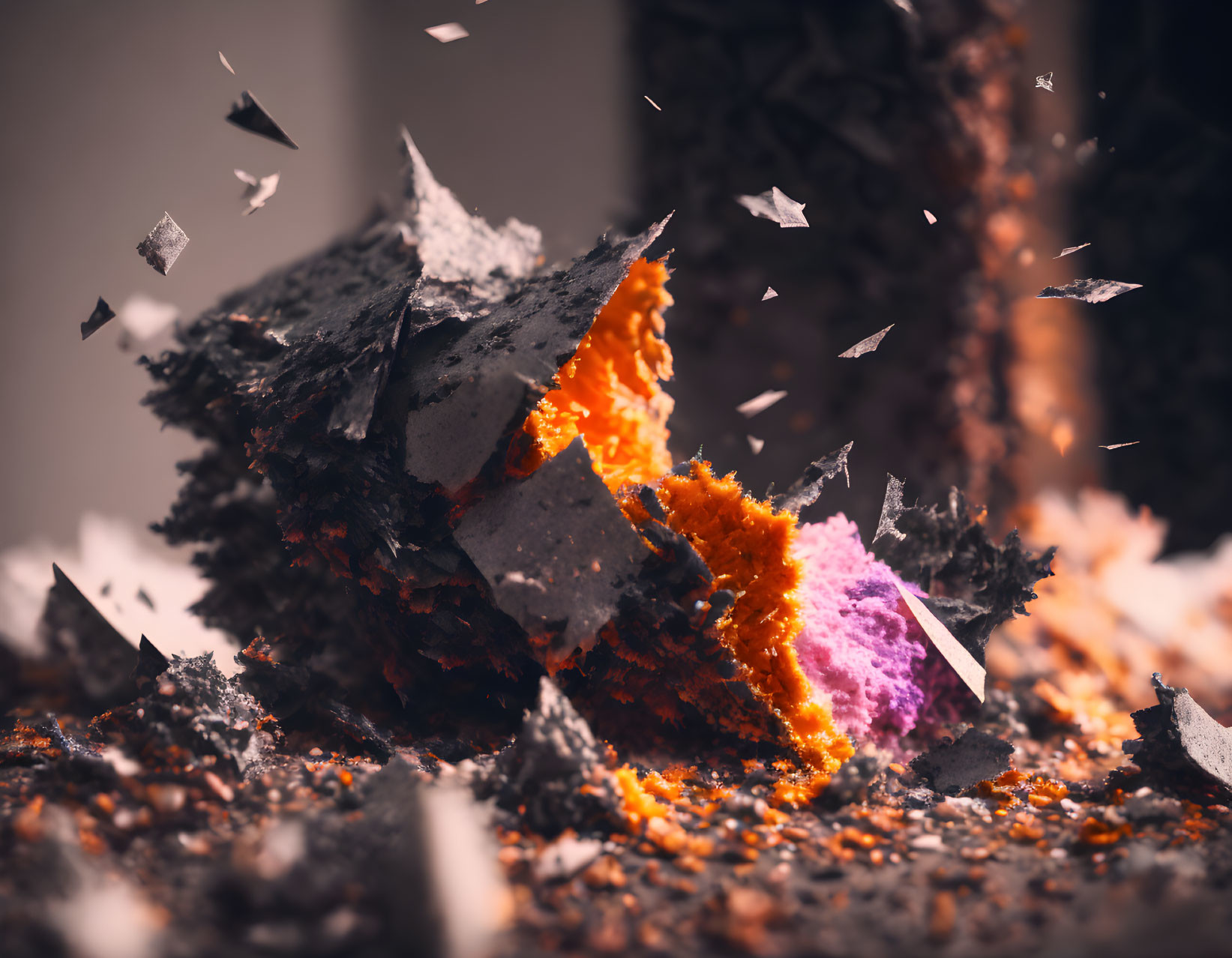 Vibrant orange and purple kinetic explosion with suspended debris particles