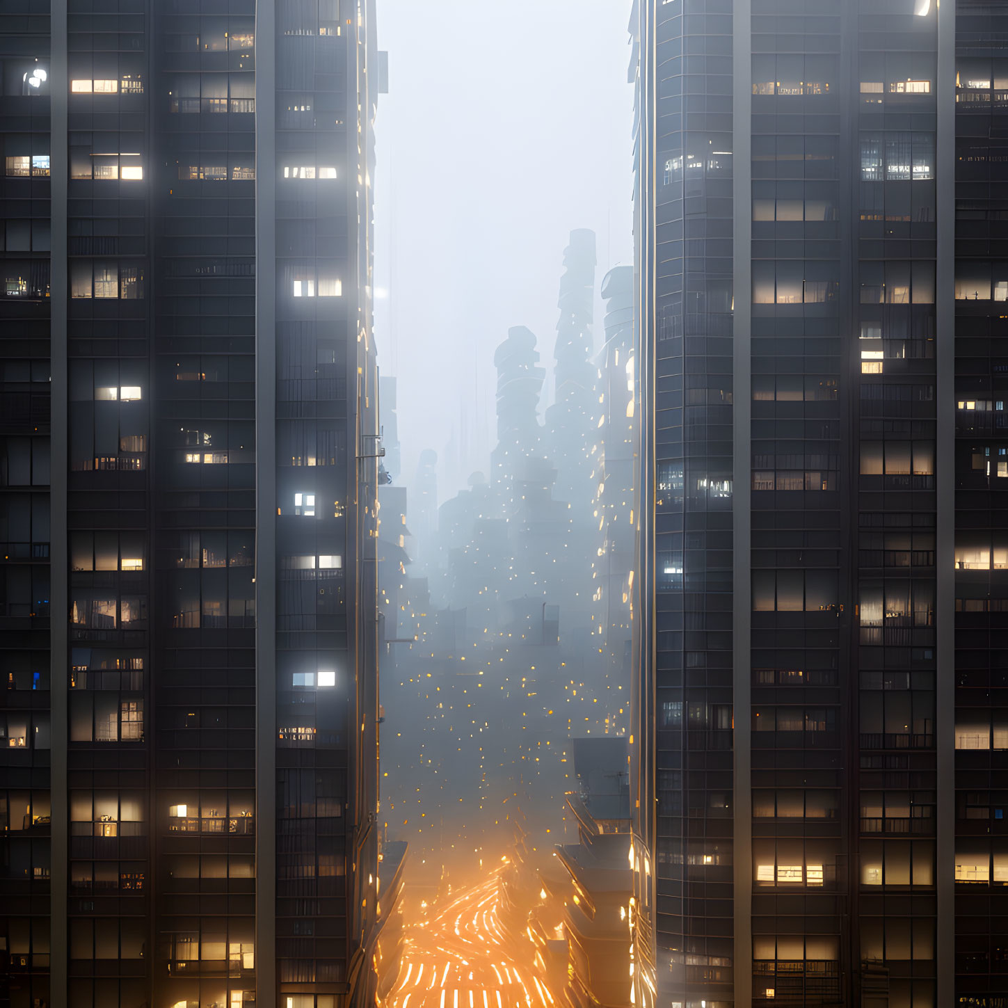 Cityscape at Dusk: Skyscrapers, Traffic Lights, and Glowing Windows