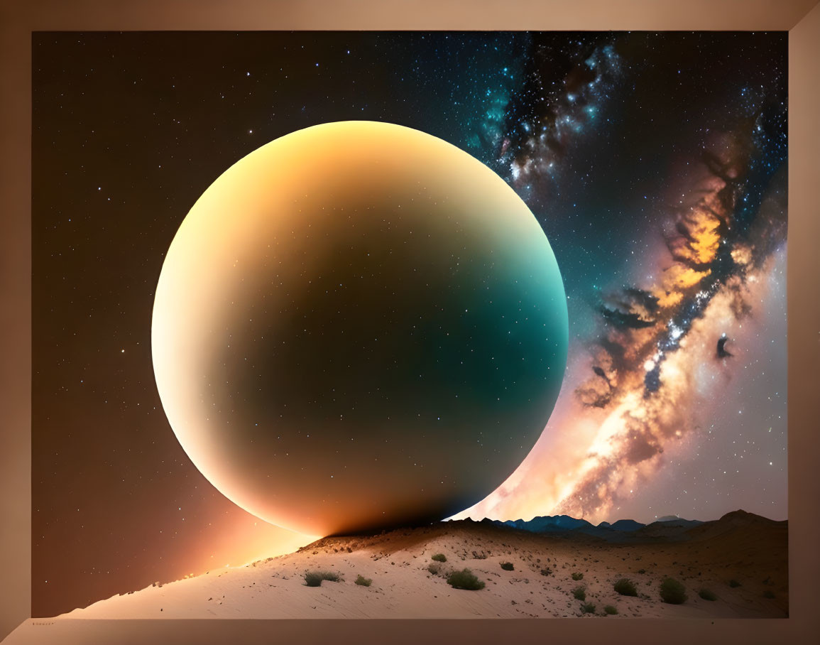 Desert landscape under starry sky with giant planet.