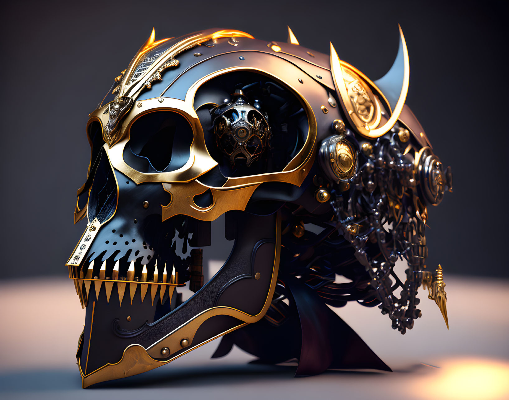 Detailed Mechanical Skull with Gold and Black Accents and Gears on Soft-lit Background