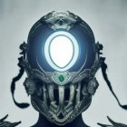 Metallic skull with ornate designs and glowing blue circle on grey background