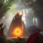 Mystical forest scene with cloaked figures and glowing flame staff