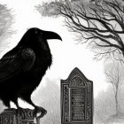 Black raven on tombstone in snowy graveyard