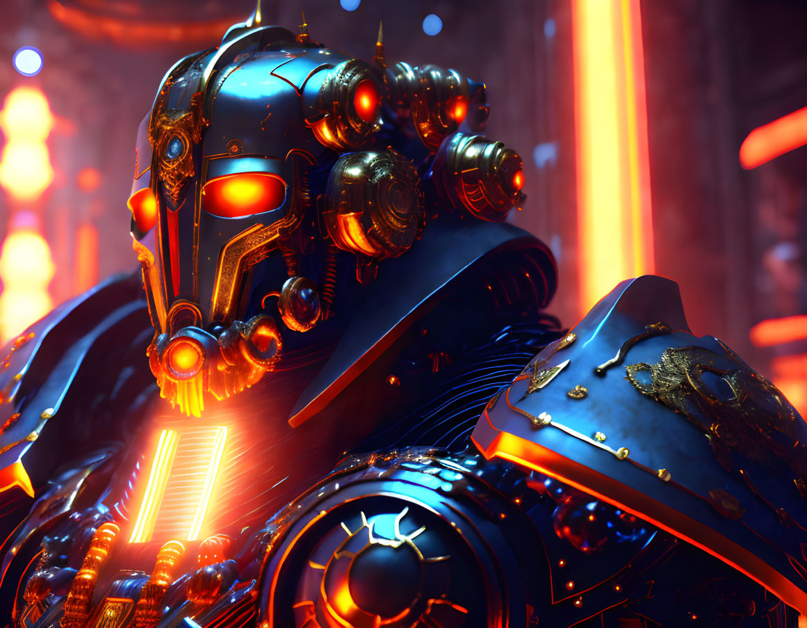 Detailed high-resolution image: Futuristic robot knight with glowing eyes and intricate armor in neon-lit setting