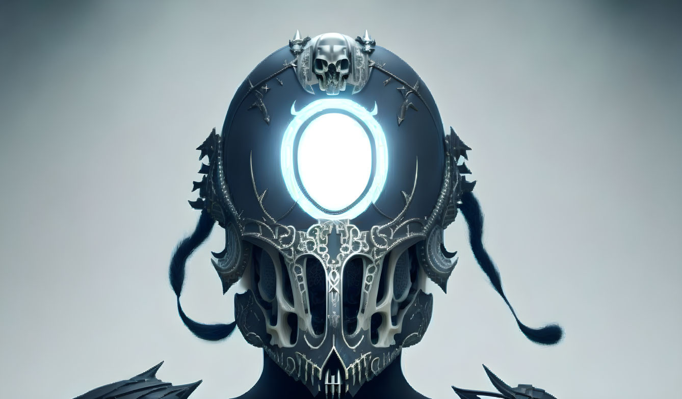 Metallic skull with ornate designs and glowing blue circle on grey background