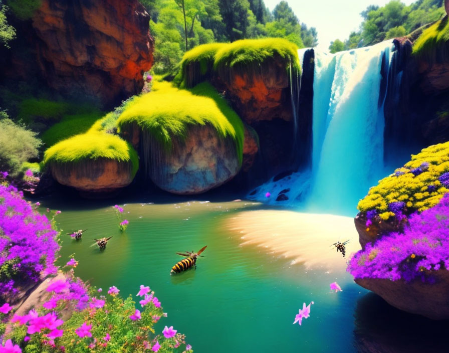 Scenic waterfall with greenery, purple flowers, and bees by river