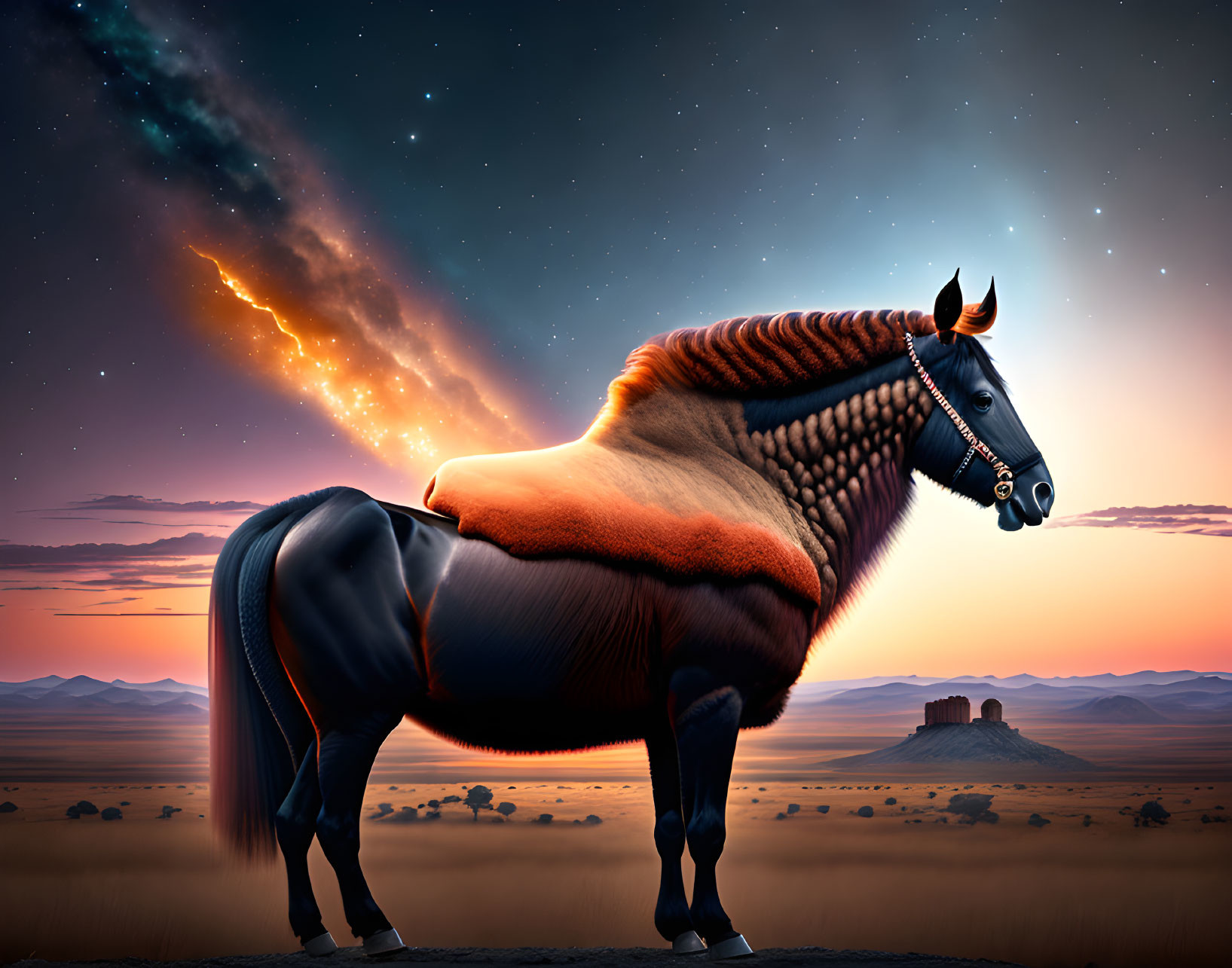 Majestic horse with vibrant orange and black coat in desert twilight.