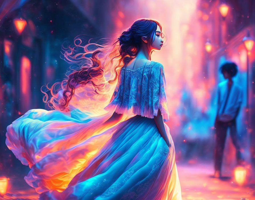 Colorful digital art: Woman in luminous alley with flowing hair and dress, distant man.