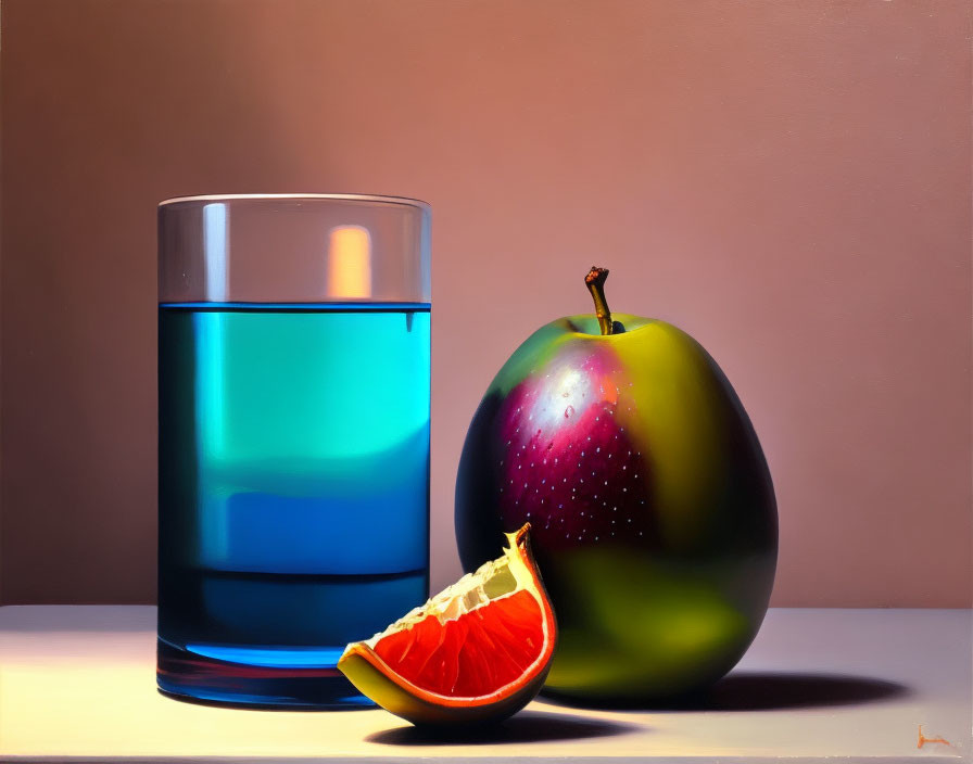 Realistic still life painting of blue liquid, apple, orange slice on table with peach background