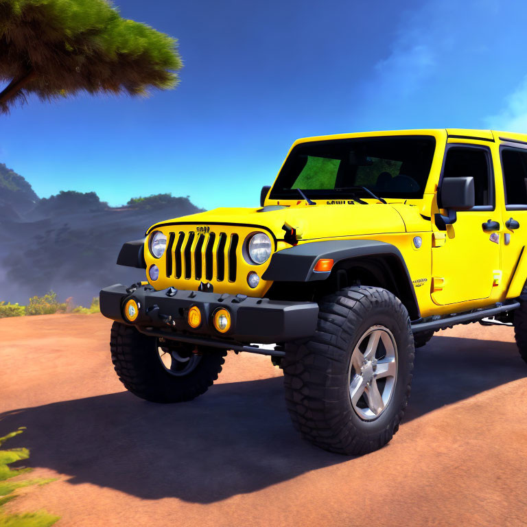 Bright Yellow Four-Door Jeep Wrangler on Dirt Road