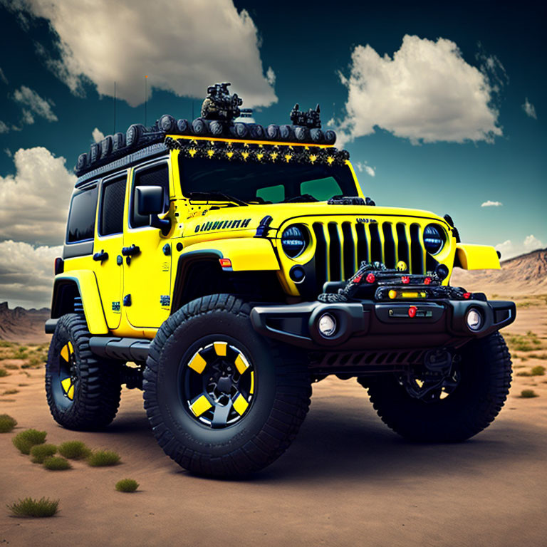 Yellow Off-Road Vehicle with Roof Rack in Desert Setting