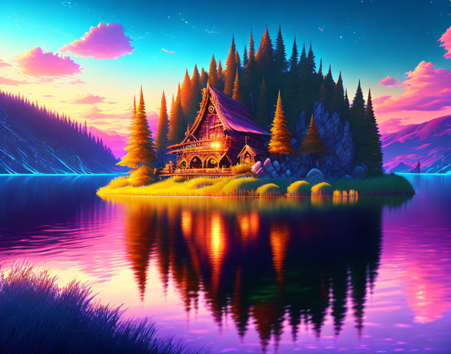 Digital Art: Cozy Cabin by Lake at Sunset