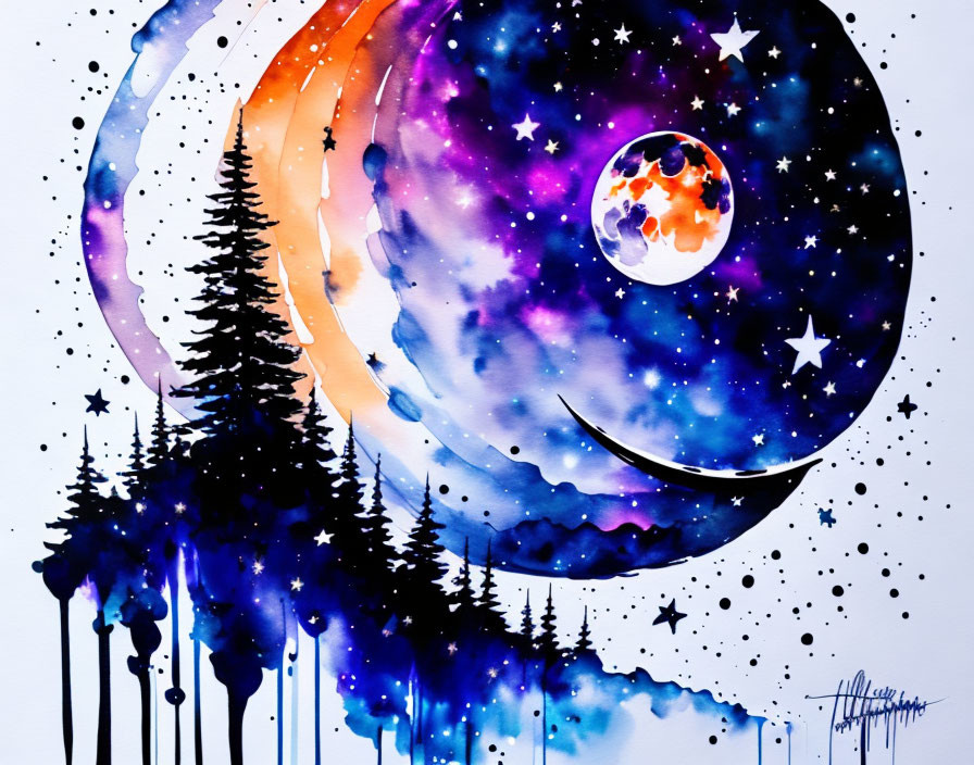 Vibrant Watercolor Painting of Cosmic Planets and Trees