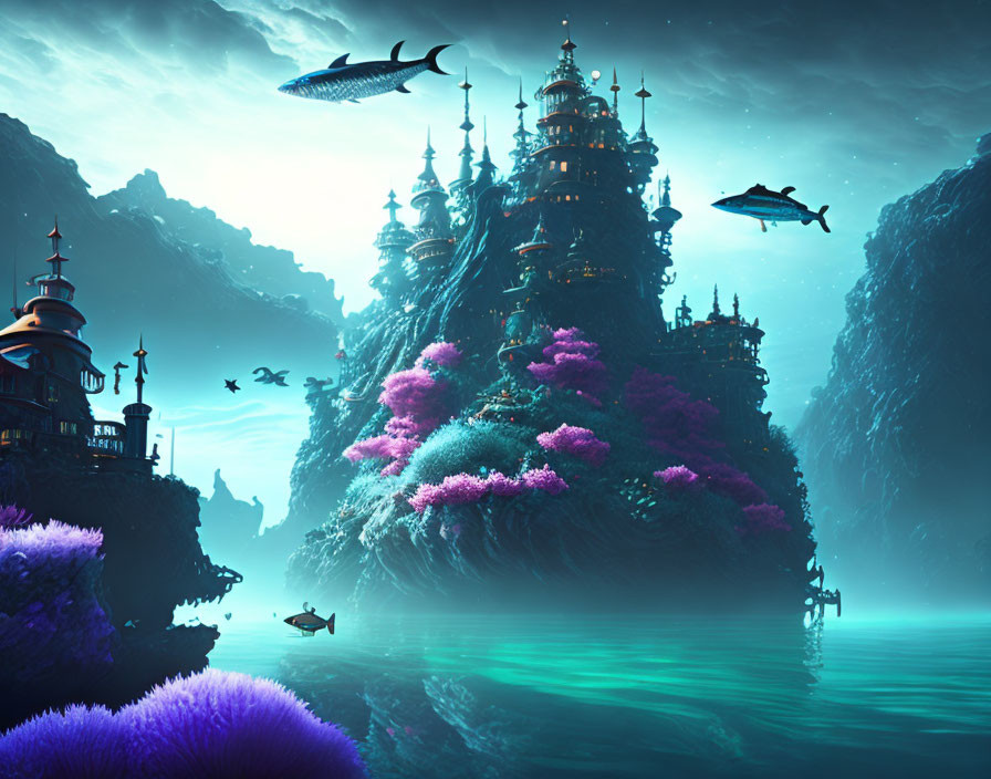 Glowing underwater city with coral, whales, and birds in dark blue sky