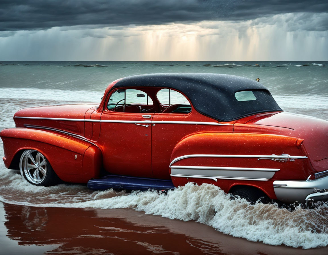 Vintage red car on beach with stormy sky and crepuscular rays