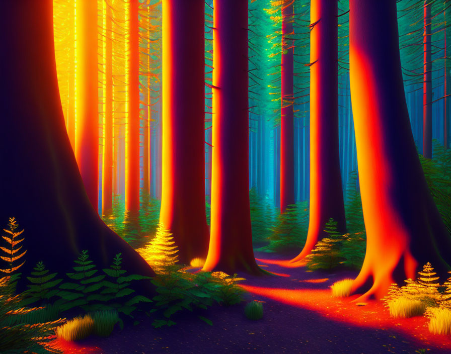 Mystical forest scene with tall trees and vibrant colors