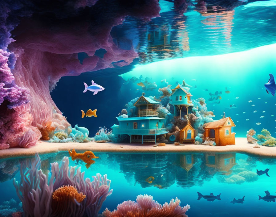 Colorful Coral and Fantastical Underwater Houses in Serene Blue Scene