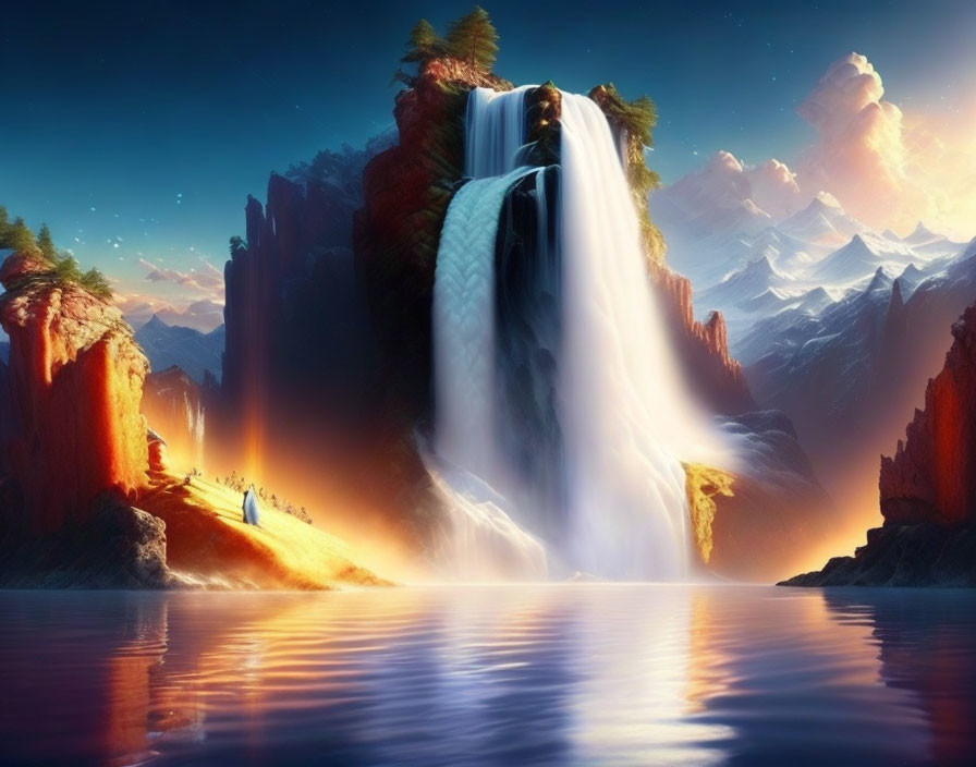 Tranquil sunset waterfall cascading into lake surrounded by mountains