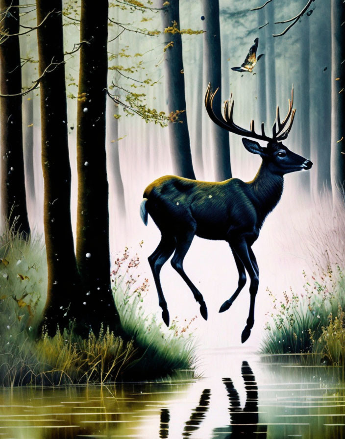 Majestic stag with large antlers by calm lake in forest with birds and mist.