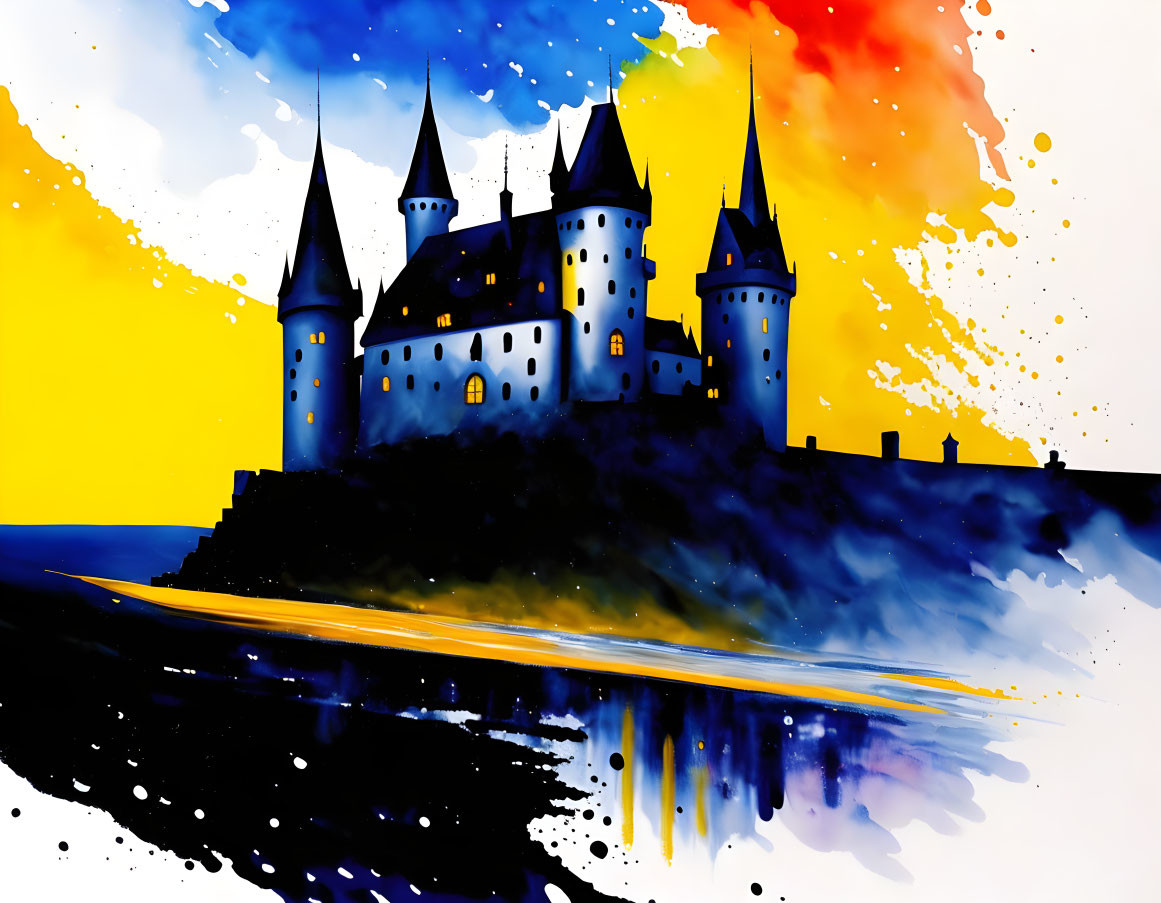 Castle with spires on cliff: Vibrant watercolor art in blue and yellow splashes