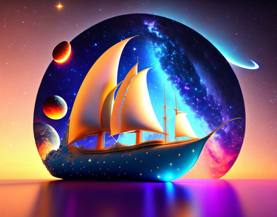 Colorful sailing ship with glowing sails on cosmic sea and fantastical planets.