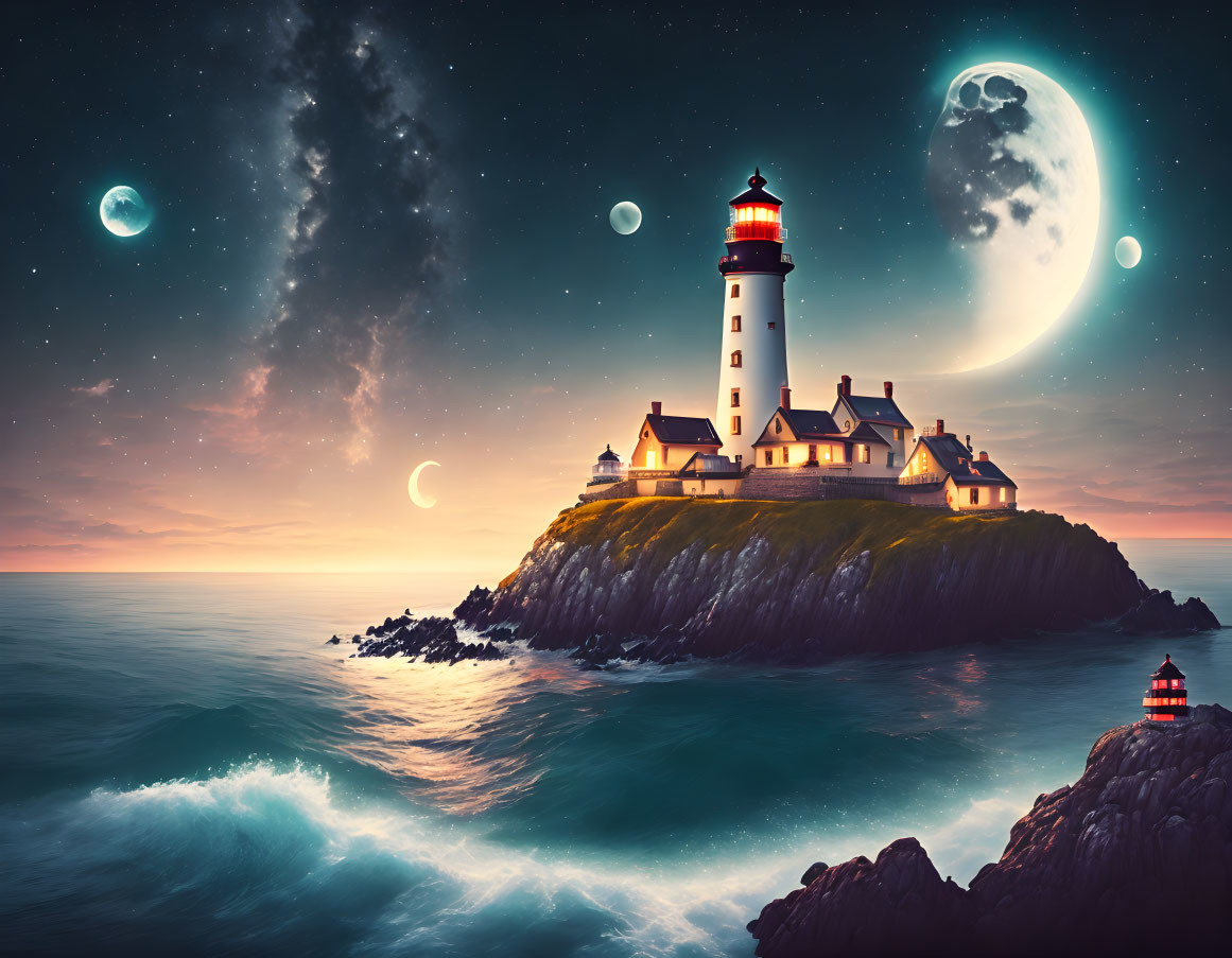 Seascape with lighthouse, moons, starry sky, and twilight ocean waves