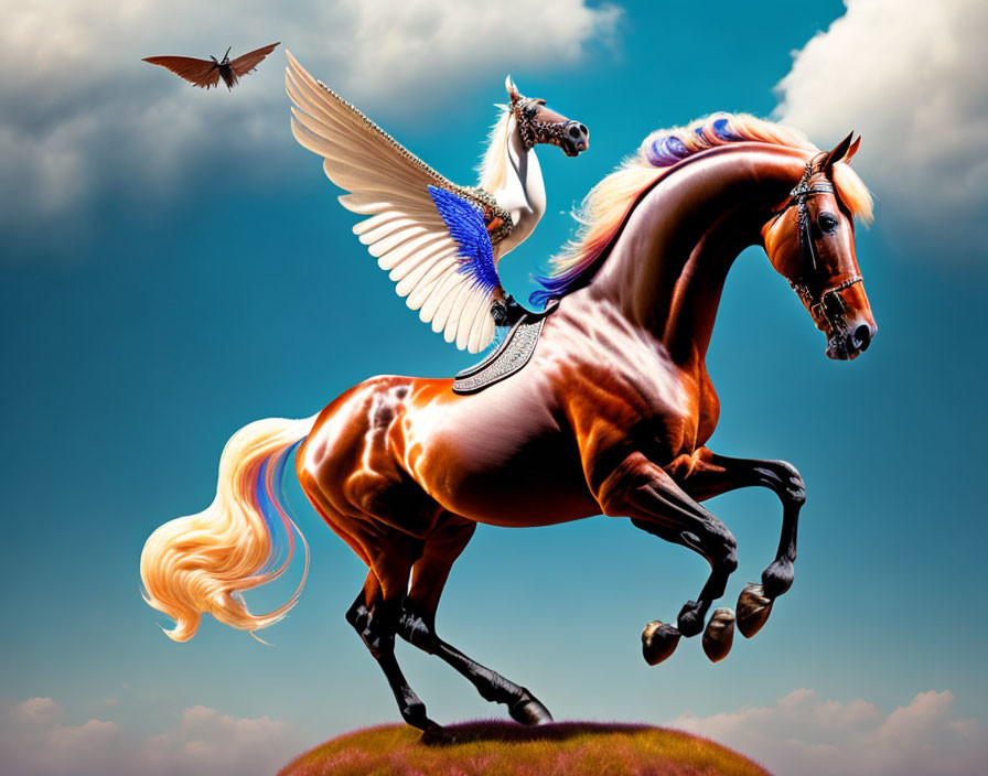 Winged horse and bird in mid-leap on grassy hill under blue sky