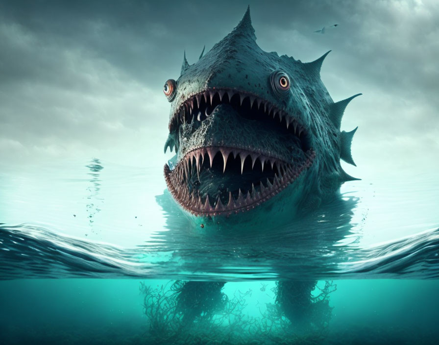 Large ominous shark-like creature with sharp teeth breaching dark waters