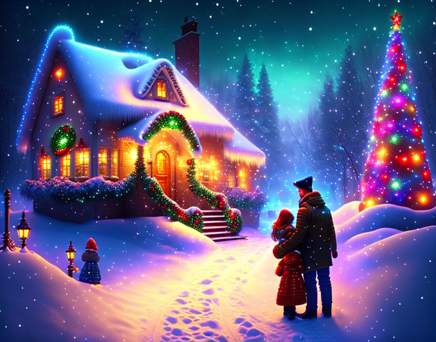 House with Christmas lights, tree, snowy landscape, and observers.