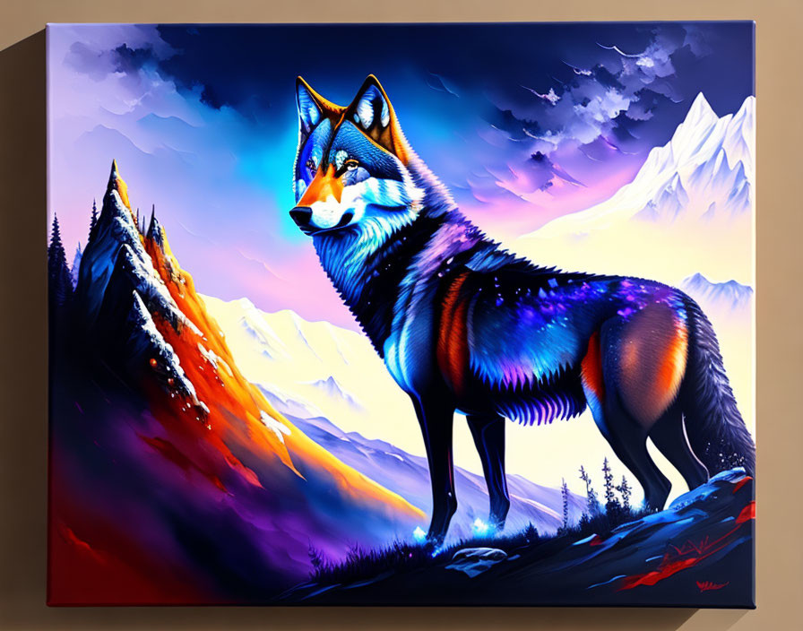 Colorful Wolf Painting: Sunset Cliff Scene