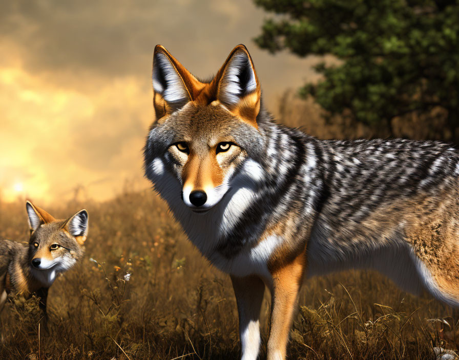 Two coyotes in field at golden sunset, one detailed in foreground