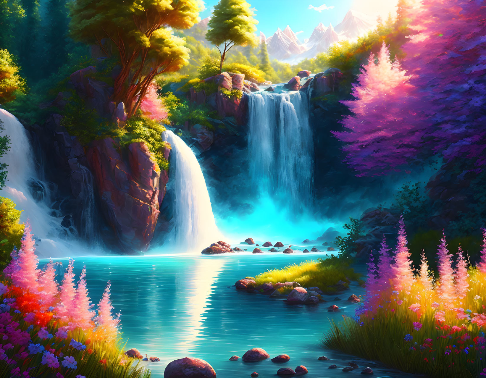 Colorful Landscape with Waterfall and Lush Flora Under Sunlit Sky