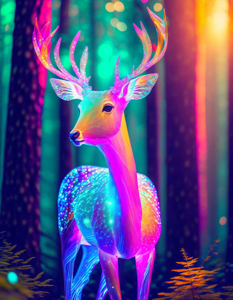 Luminescent deer with sparkling antlers in neon-lit forest