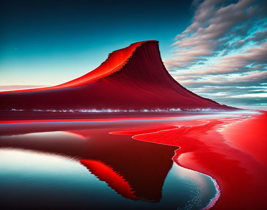 Vibrant red sand dune reflected in water under dramatic sky