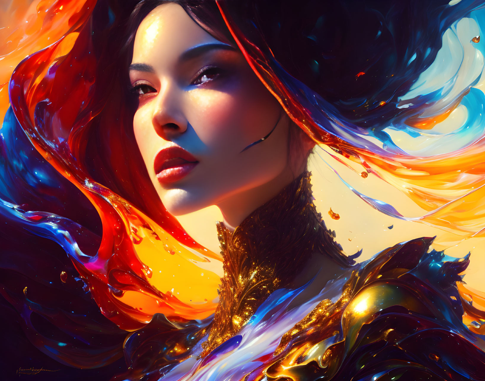 Vibrant digital portrait of a woman with colorful flame-like hair.