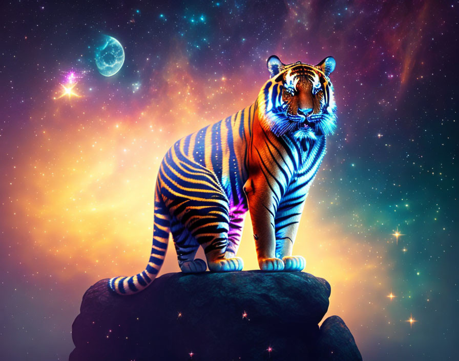 Majestic tiger with glowing stripes on cosmic backdrop