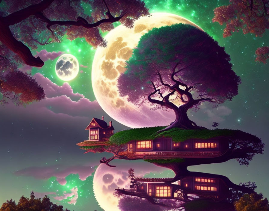 Fantasy artwork: Floating island, giant tree, traditional houses, moons