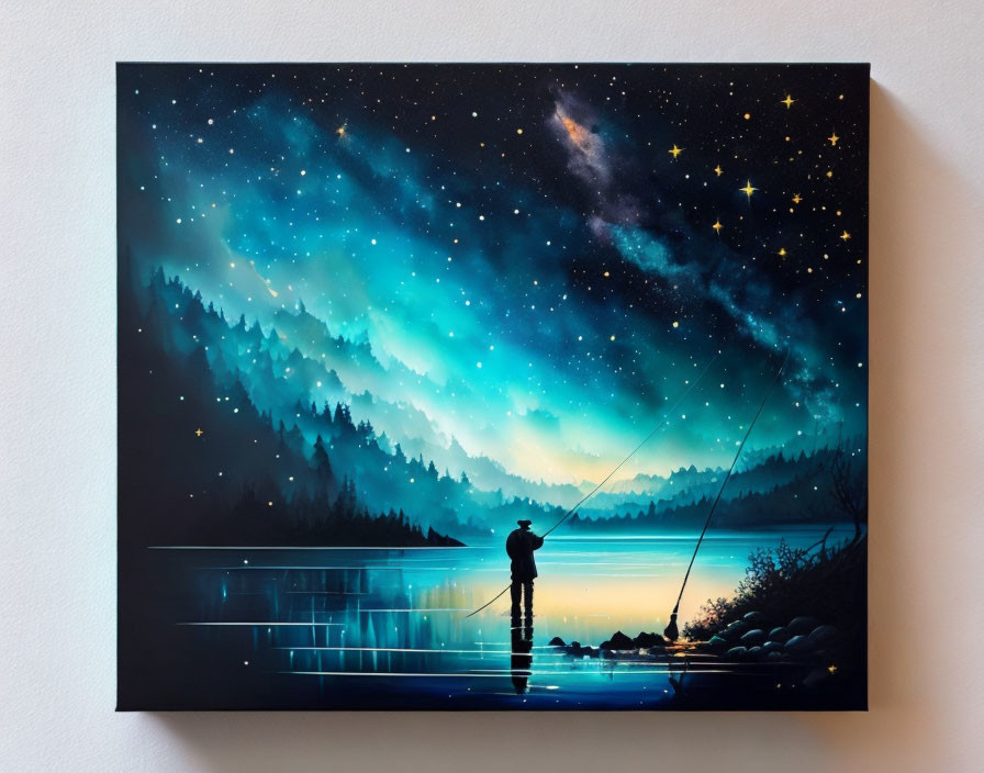 Nighttime fishing scene on canvas: tranquil lake, star-filled sky, forest silhouette